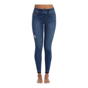 Spanx Womens Blue Denim Leggings XS Distressed Ankle Fray Pull On Skinny Jegging